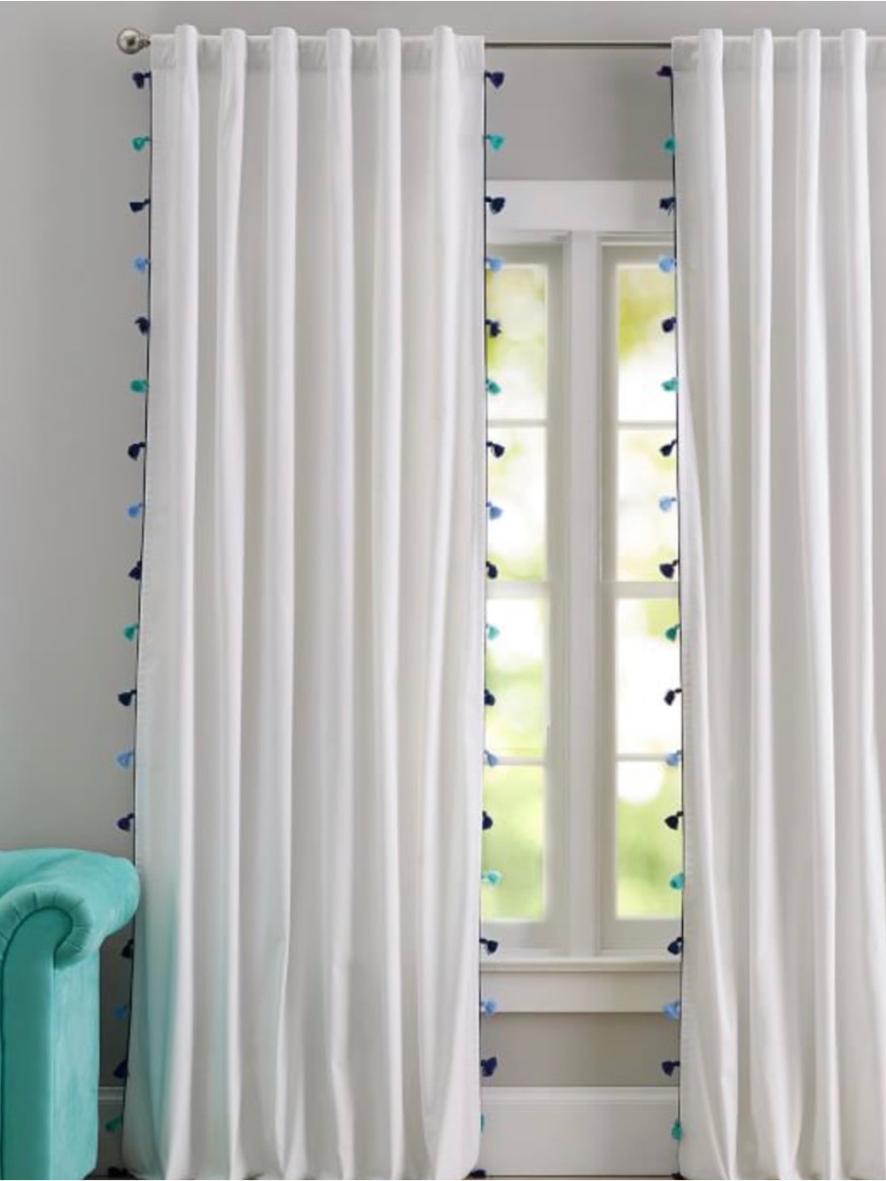 Pottery Barn Teen White Curtain Panels with Blue & Teal Tassel Trim